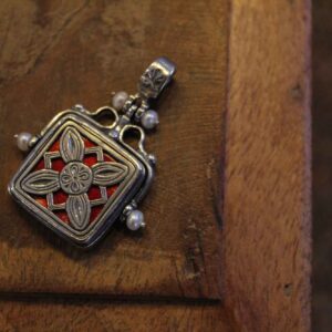 Silver Square Pendant with Red Enamel