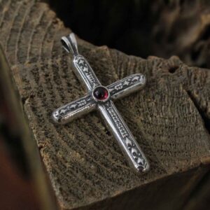Silver Engraved Cross with Garnet