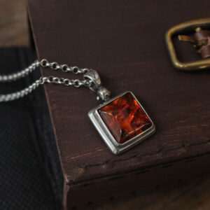 Silver Square Pendant - Amber