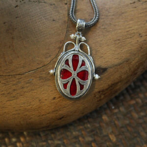 Oval Pendant in Silver with Red Enamel