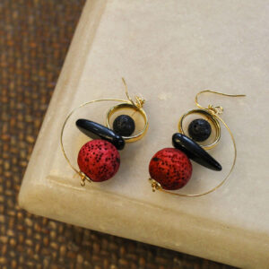 Red lava Earrings with Onyx